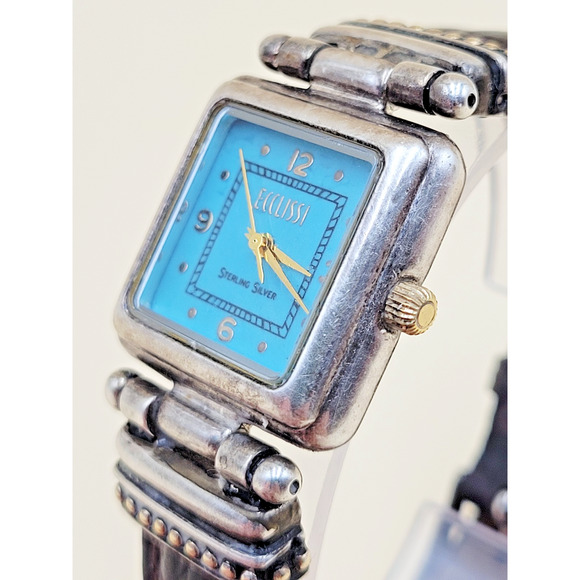 STERLING SILVER Ecclissi 22490 Case Turquoise Dial Square Dress Watch Vtg main image 13